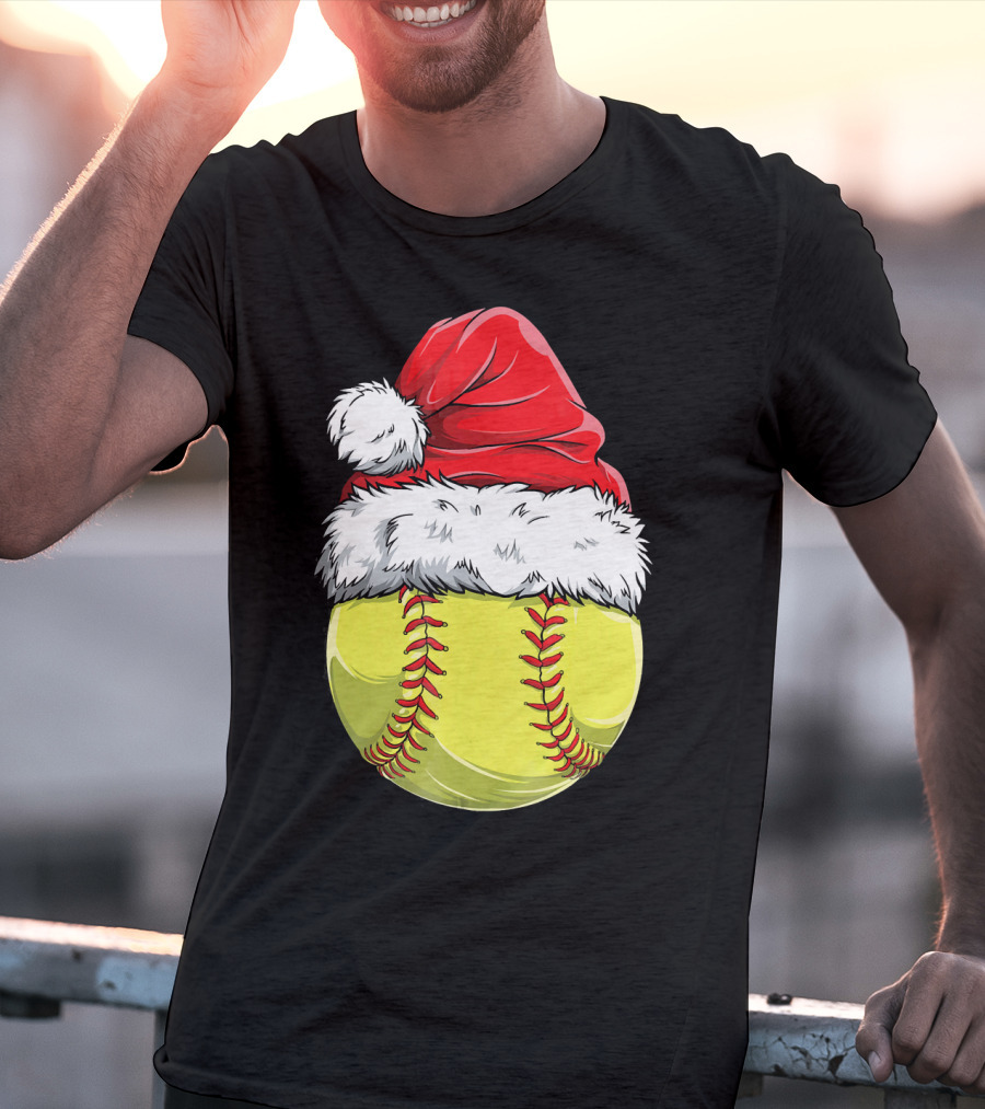 Santa Hat Softball Christmas T-Shirt