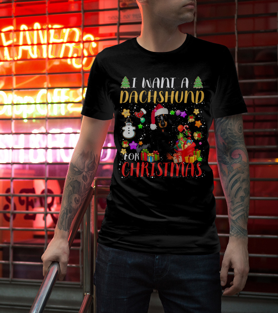 I Want A Dachshund For Christmas Santa Hat Presents Snowman T-Shirt