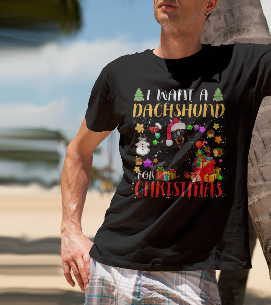 I Want A Dachshund For Christmas Santa Hat Presents Snowman T-Shirt