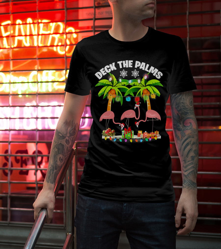 Deck The Palms Flamingo Christmas Lights And Gifts T-Shirt