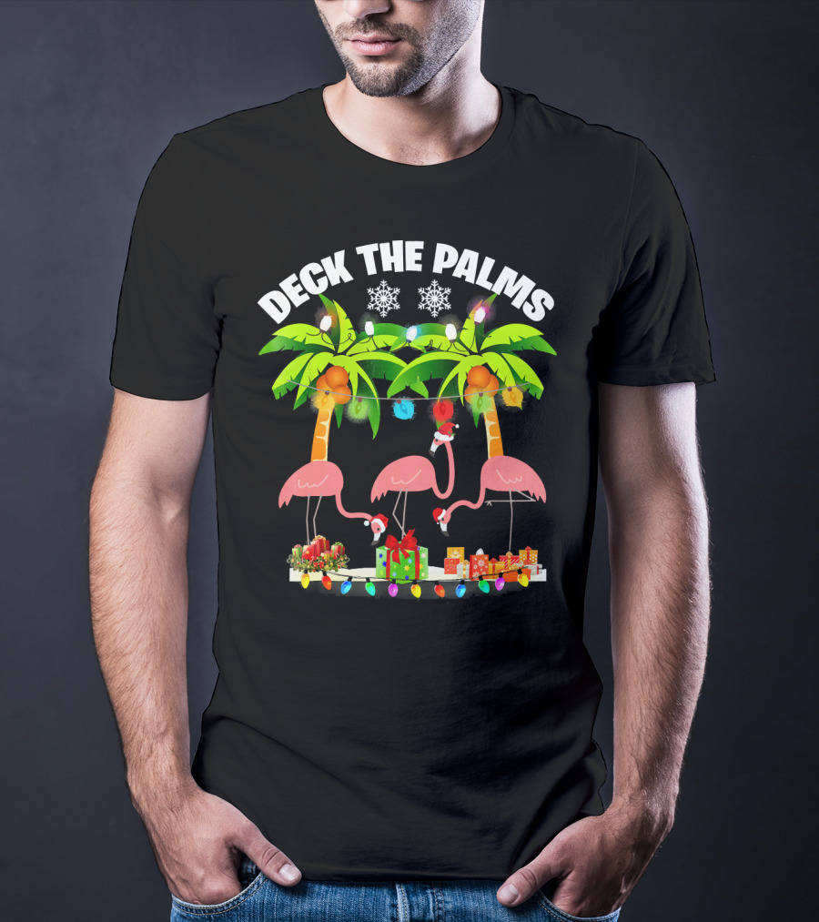 Deck The Palms Flamingo Christmas Lights And Gifts T-Shirt