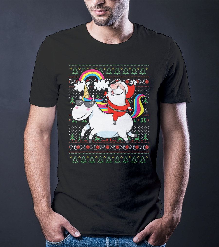 Santa Claus Riding A Rainbow Unicorn Christmas T-Shirt