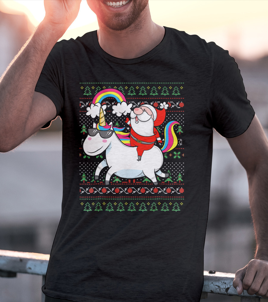 Santa Claus Riding A Rainbow Unicorn Christmas T-Shirt