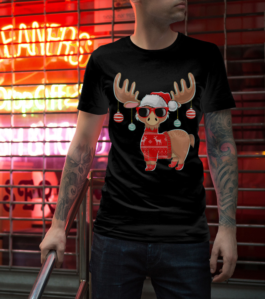 Ugly Christmas Moose Chris With Sweater And Ornaments T-Shirt