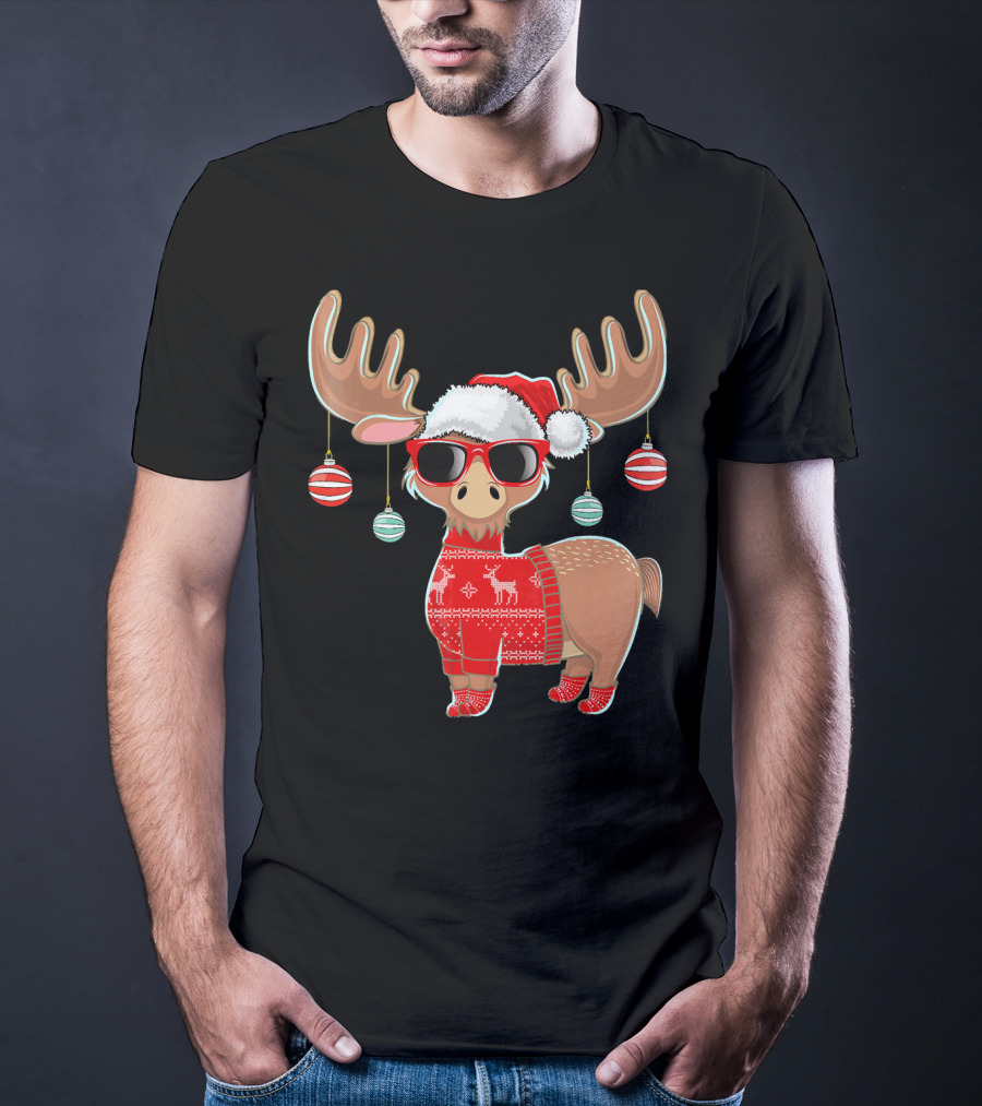Ugly Christmas Moose Chris With Sweater And Ornaments T-Shirt