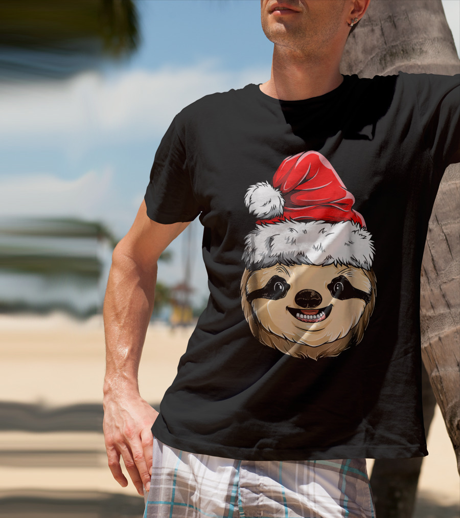 Sloth Santa Christmas Hat Cheerful Face T-Shirt