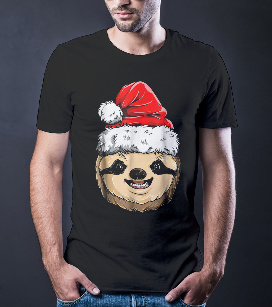 Sloth Santa Christmas Hat Cheerful Face T-Shirt