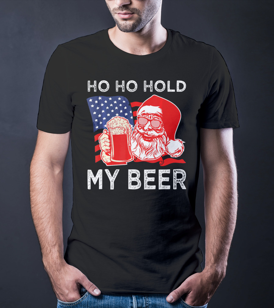 Ho Ho Hold My Beer Santa American Flag T-Shirt