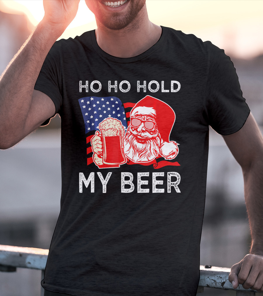 Ho Ho Hold My Beer Santa American Flag T-Shirt