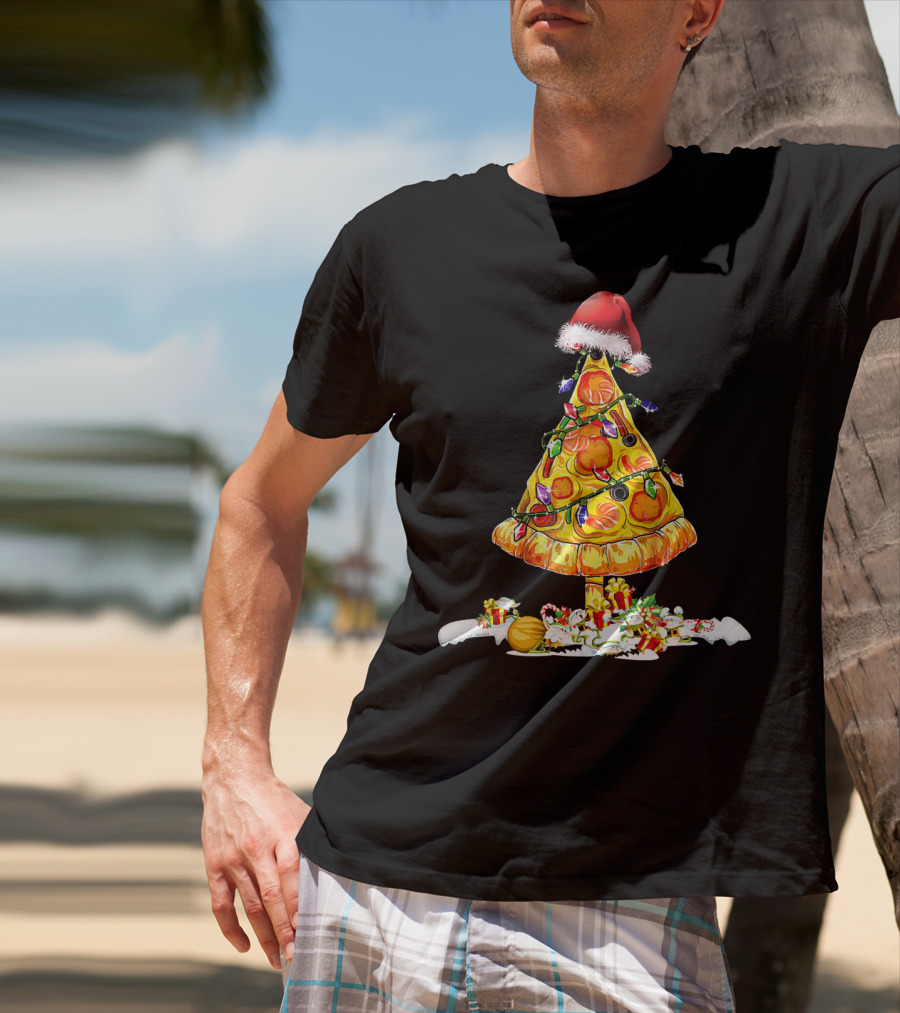 Merry Crustmas Pizza Tree Pizza Lover Holiday Santa Hat T-Shirt