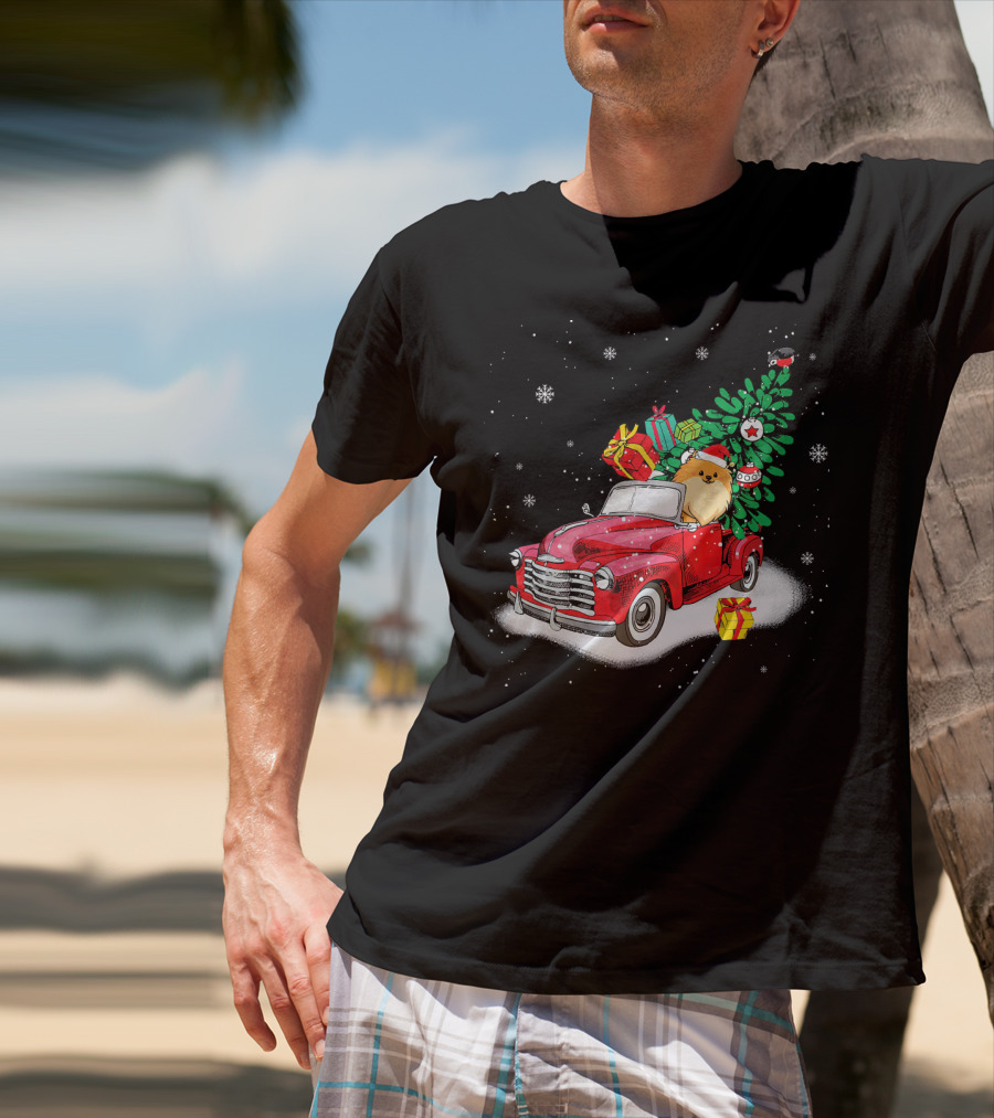 Pomeranian With Christmas Tree And Gifts In Red Truck Snow Scene T-Shirt