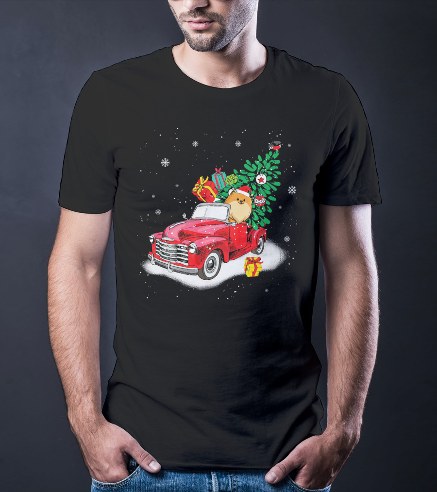 Pomeranian With Christmas Tree And Gifts In Red Truck Snow Scene T-Shirt