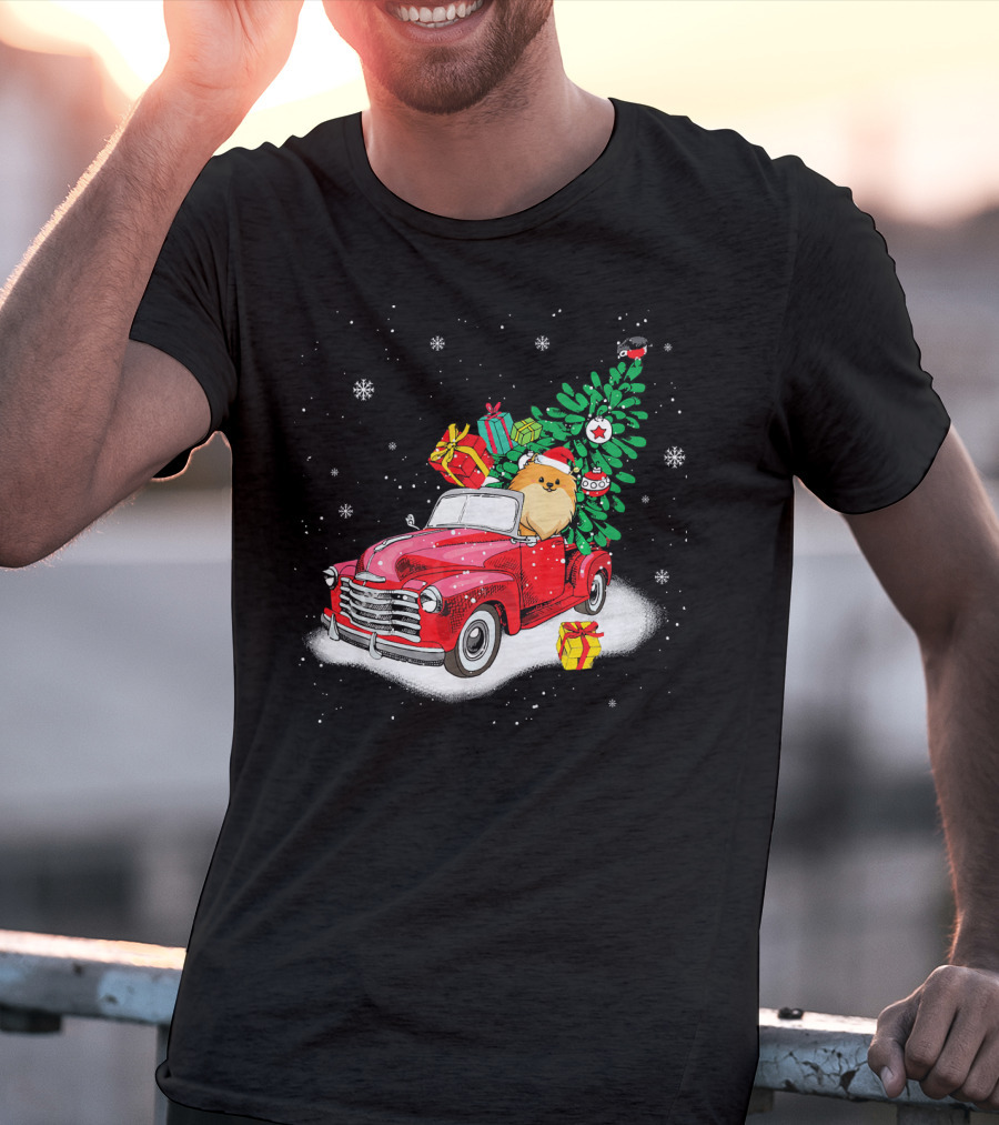 Pomeranian With Christmas Tree And Gifts In Red Truck Snow Scene T-Shirt