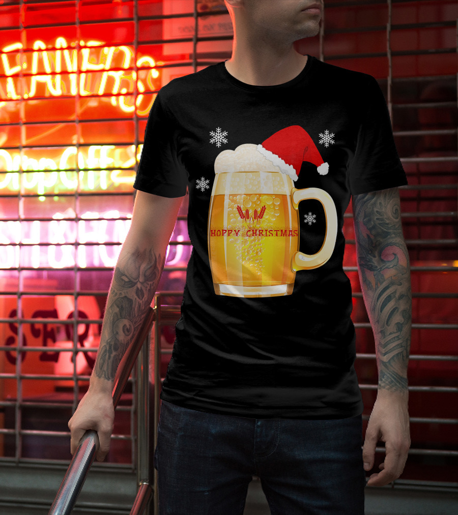 Hoppy Christmas Beer Santa Mug With Snowflakes T-Shirt