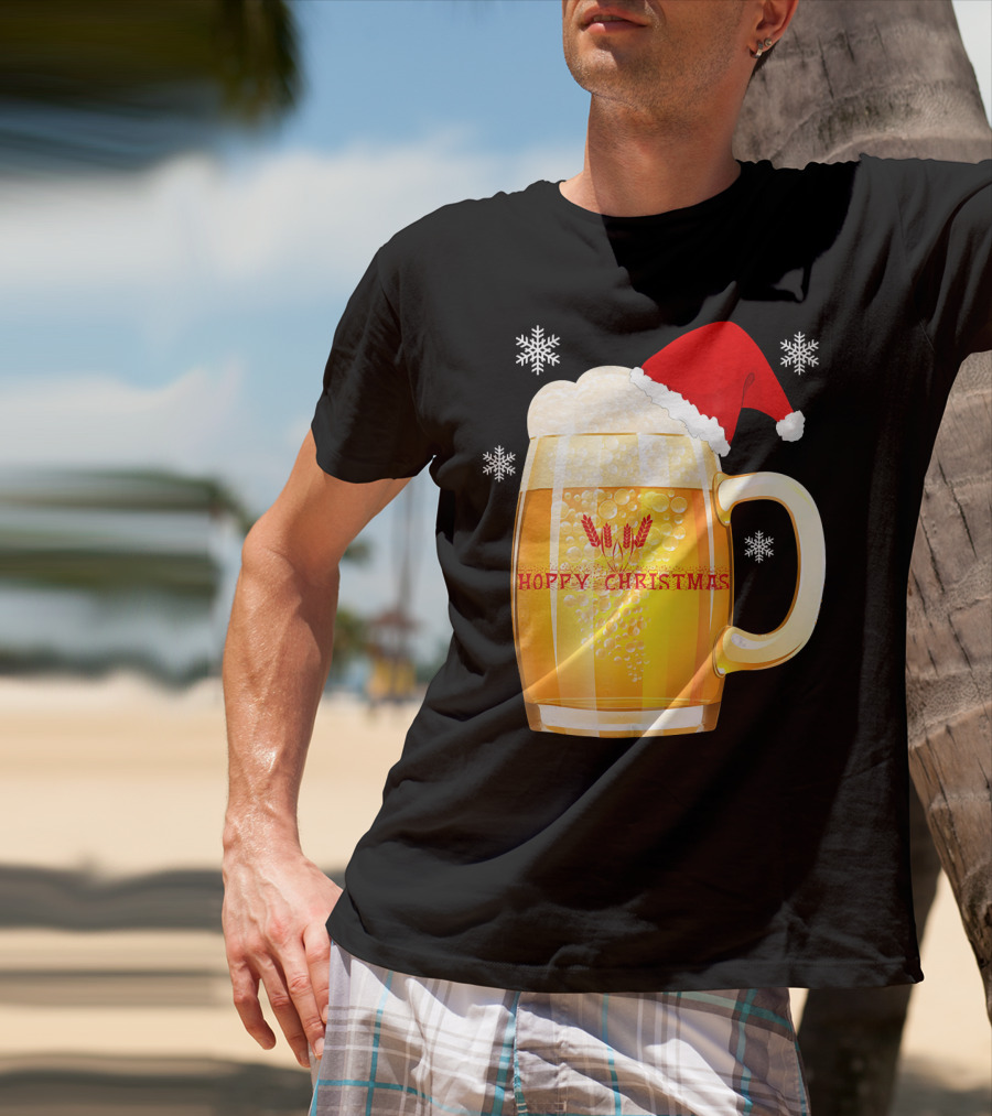 Hoppy Christmas Beer Santa Mug With Snowflakes T-Shirt
