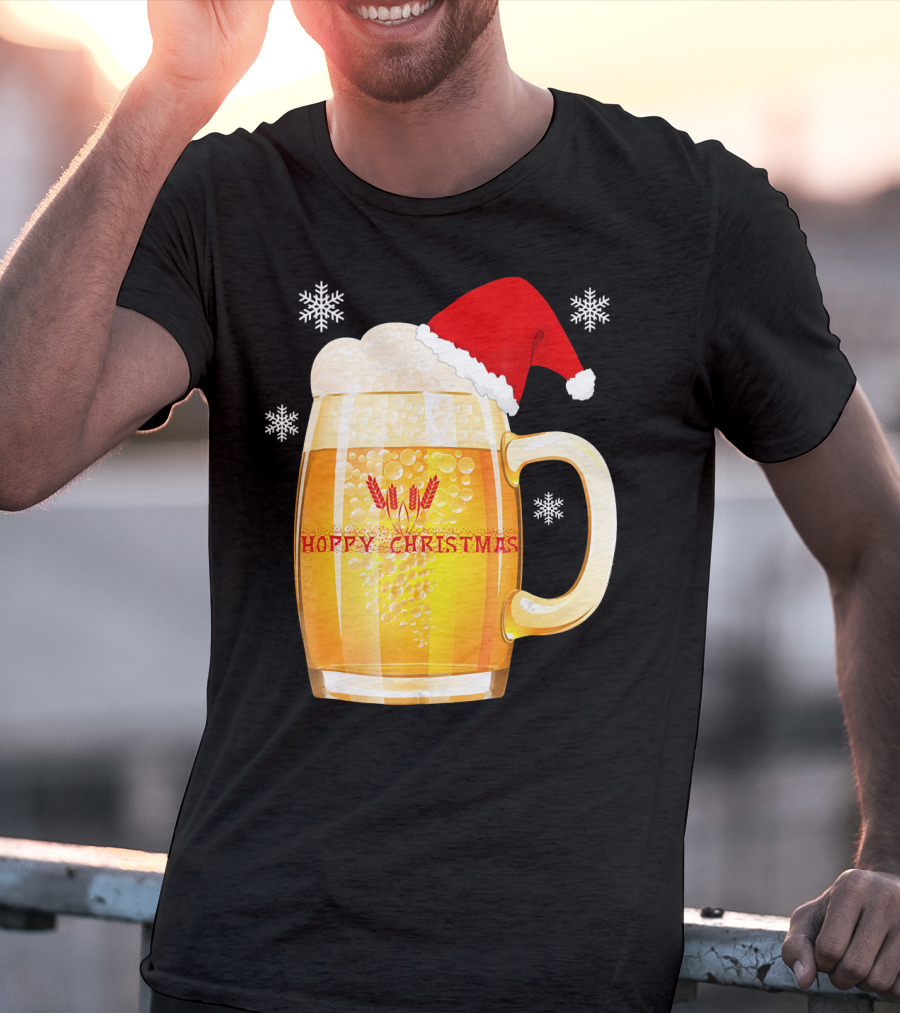 Hoppy Christmas Beer Santa Mug With Snowflakes T-Shirt