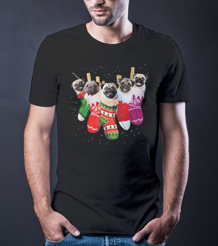 Pug Heads In Colorful Christmas Stockings With Snowflakes T-Shirt