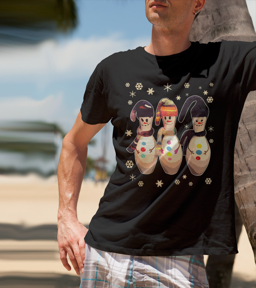 Bowling Pins Winter Snowman Scarves Hats Snowflakes T-Shirt