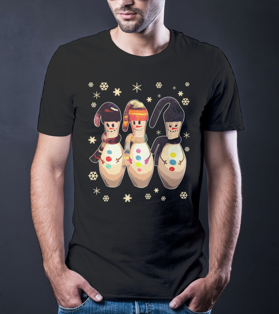 Bowling Pins Winter Snowman Scarves Hats Snowflakes T-Shirt
