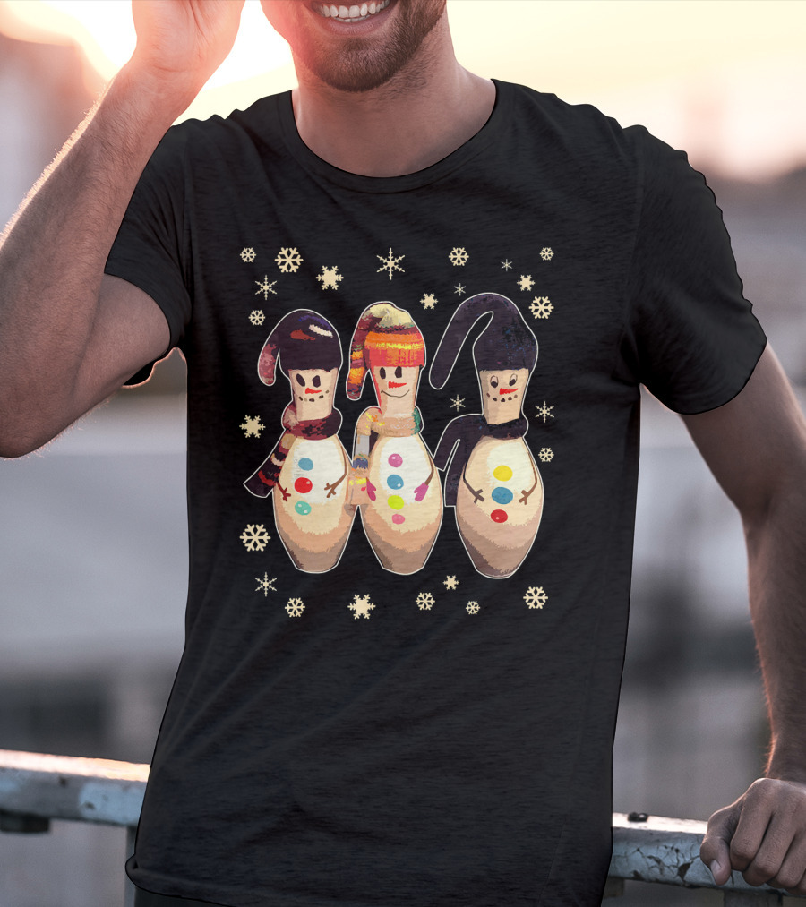 Bowling Pins Winter Snowman Scarves Hats Snowflakes T-Shirt