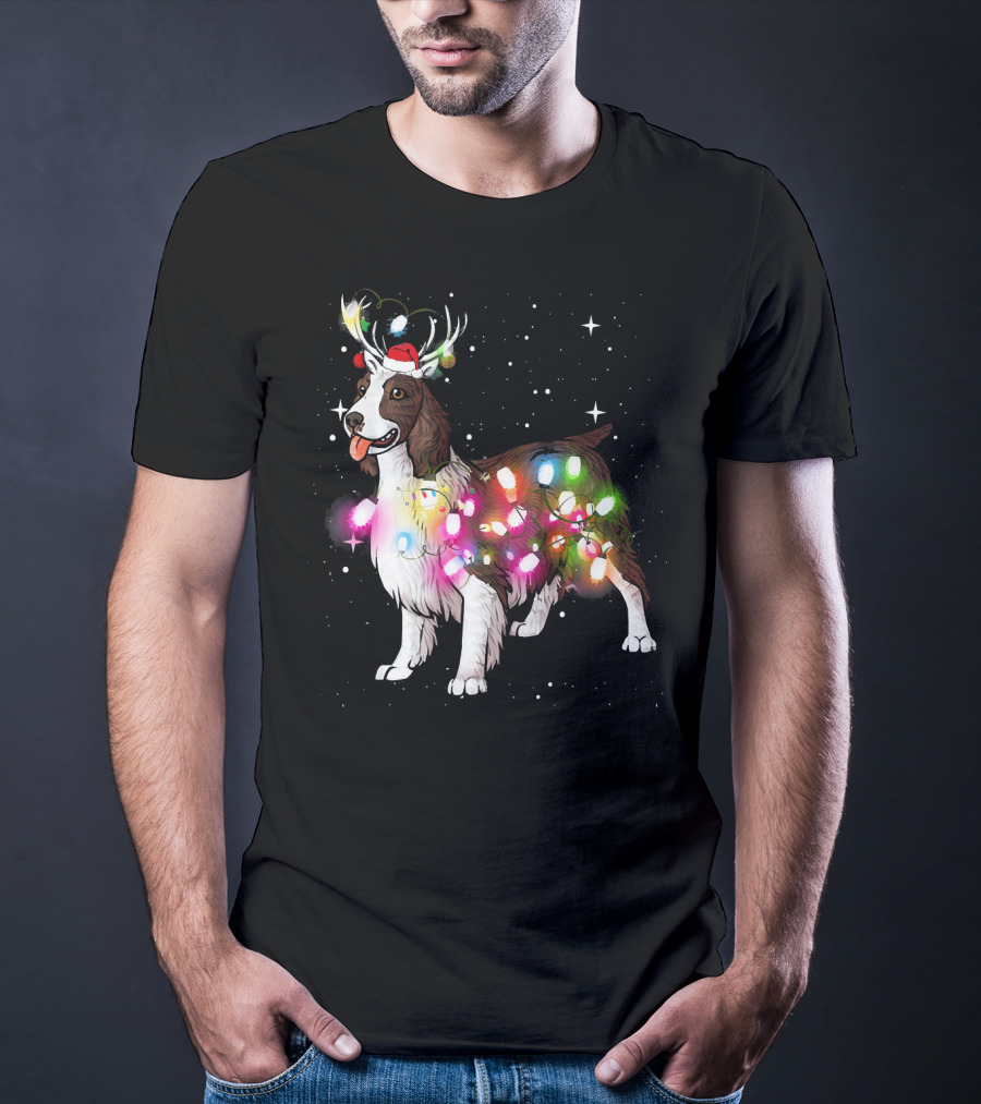 Christmas Lights English Springer Spaniel With Reindeer Antlers And Santa Hat T-Shirt
