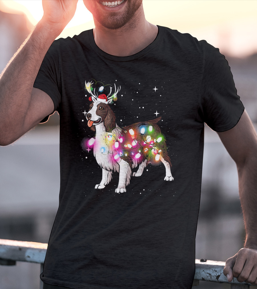 Christmas Lights English Springer Spaniel With Reindeer Antlers And Santa Hat T-Shirt