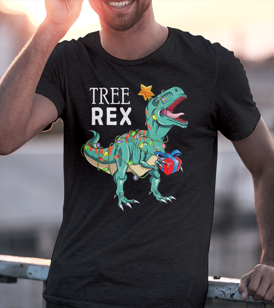 Tree Rex Dinosaur With Christmas Lights And Gift T-Shirt