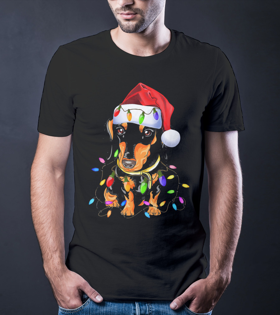 Dachshund Christmas Loves LED Lights Santa Hat T-Shirt