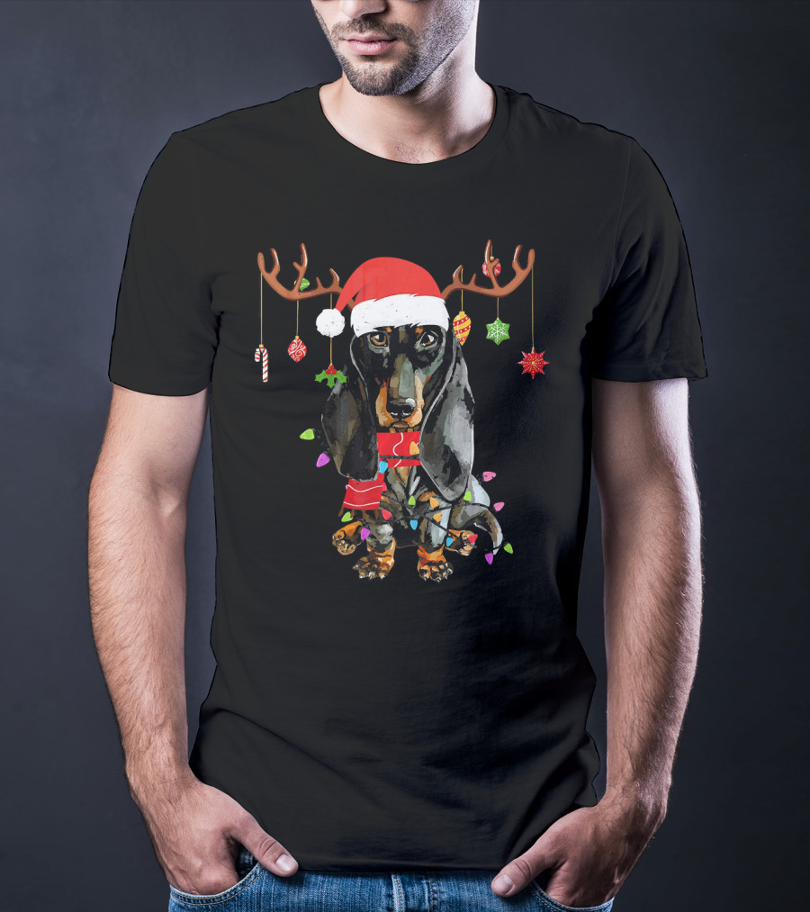 Funny Dachshund Christmas Reindeer Light Festive Holiday Puppy With Santa Hat And Antlers T-Shirt