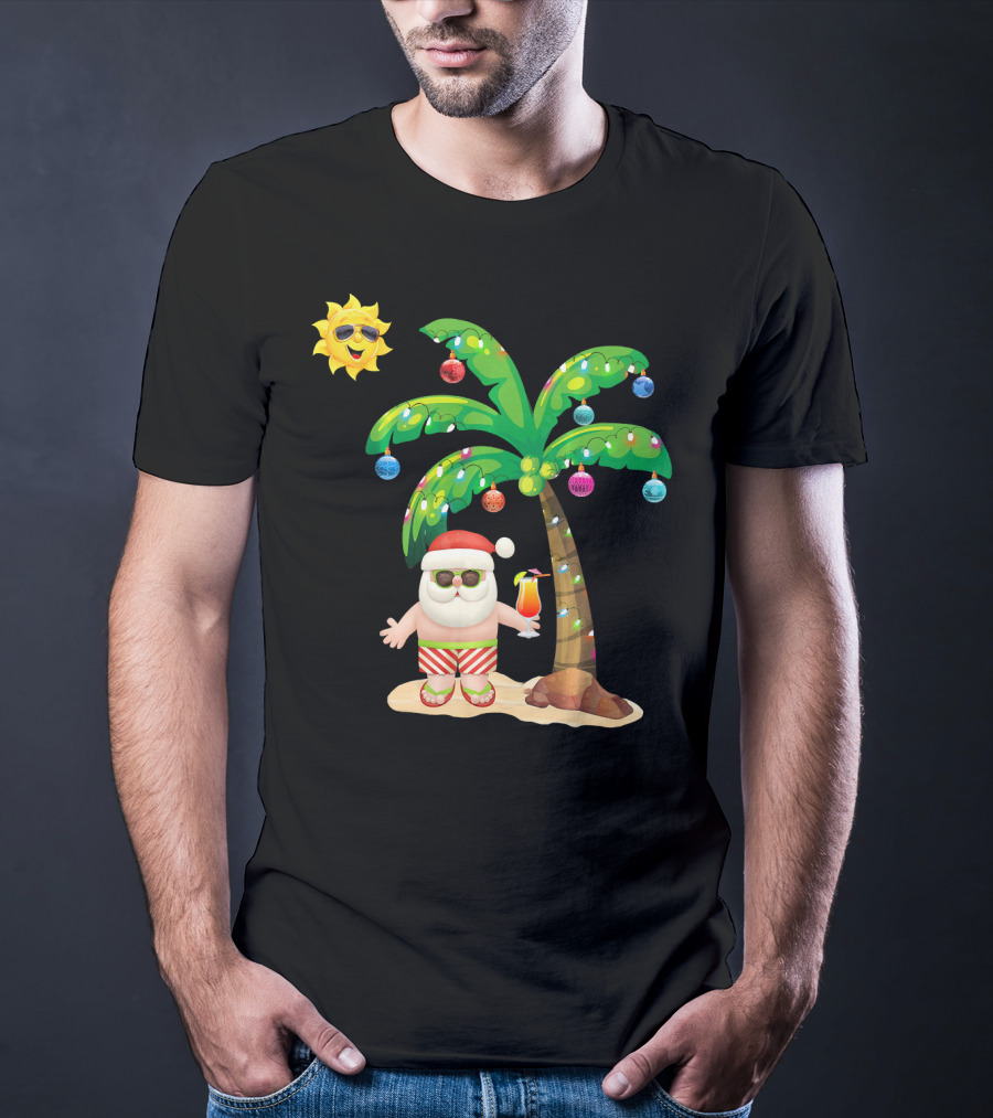 July Christmas Palm Tree Santa With Sunglasses And Cocktail T-Shirt