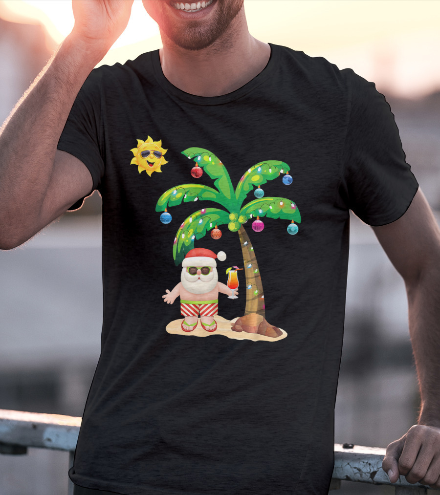 July Christmas Palm Tree Santa With Sunglasses And Cocktail T-Shirt