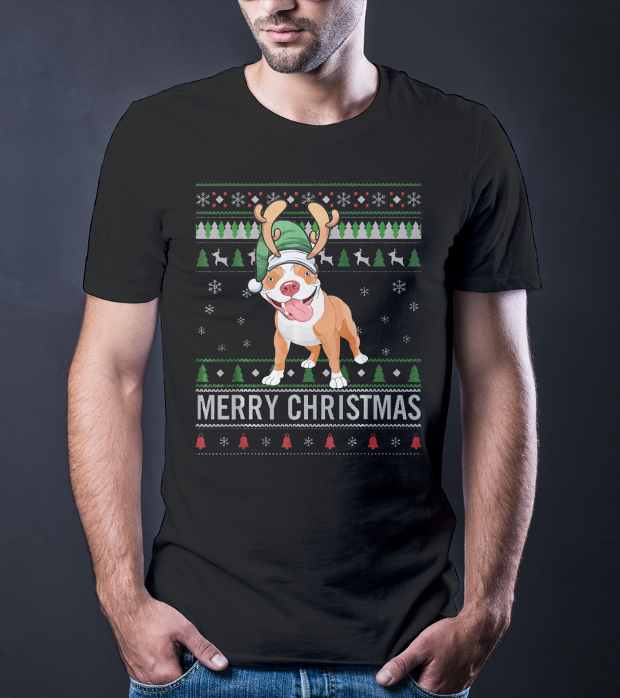 Merry Christmas Pitbull Dog Reindeer Antlers Festive T-Shirt