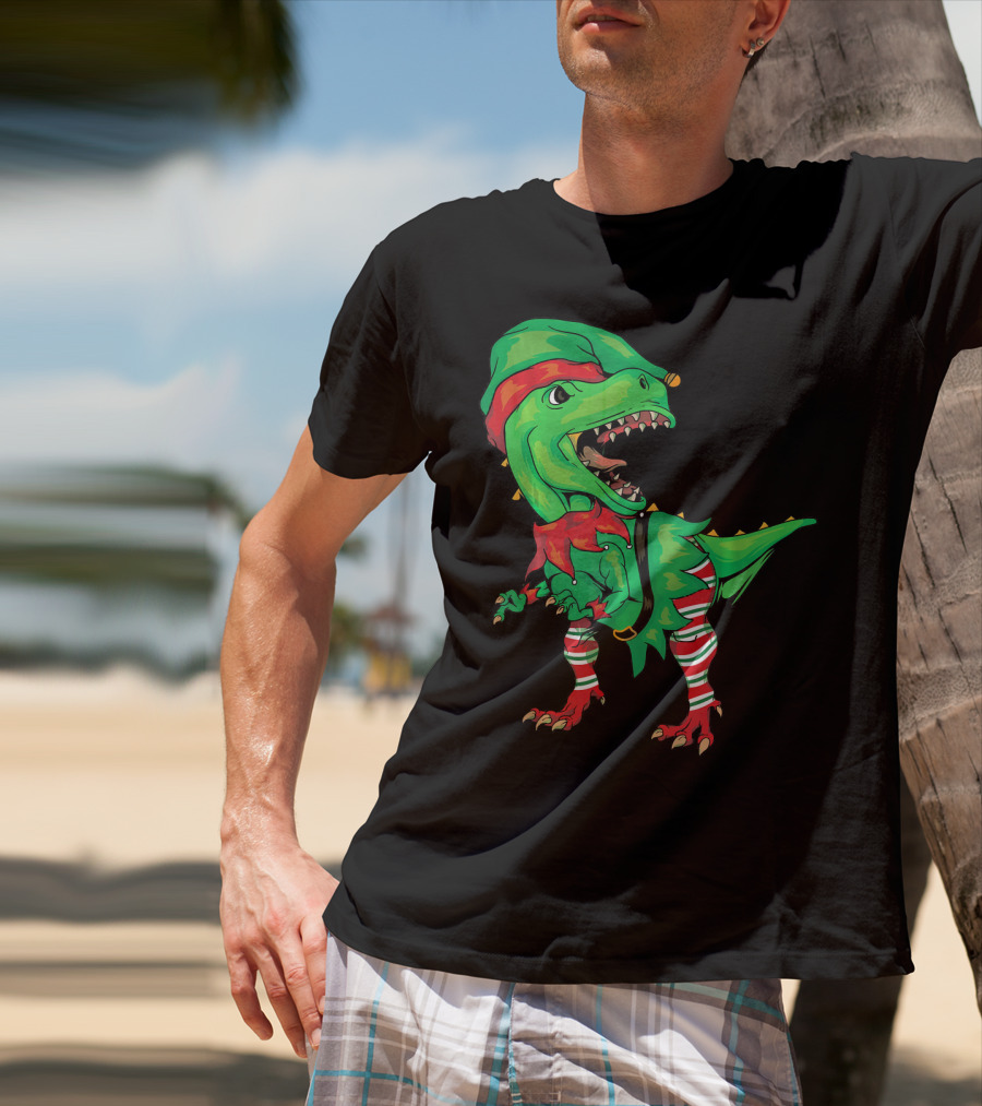 Christmas Dinosaur In Elf Costume T-Shirt