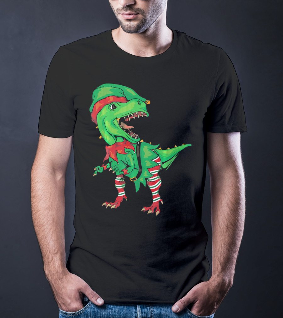 Christmas Dinosaur In Elf Costume T-Shirt