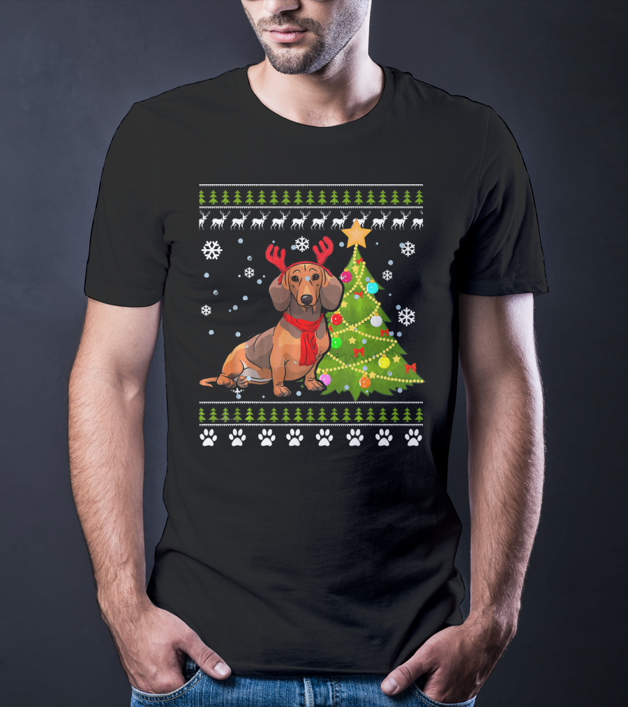 Dachshund Ugly Christmas Reindeer Antlers Christmas Tree Snowflakes T-Shirt