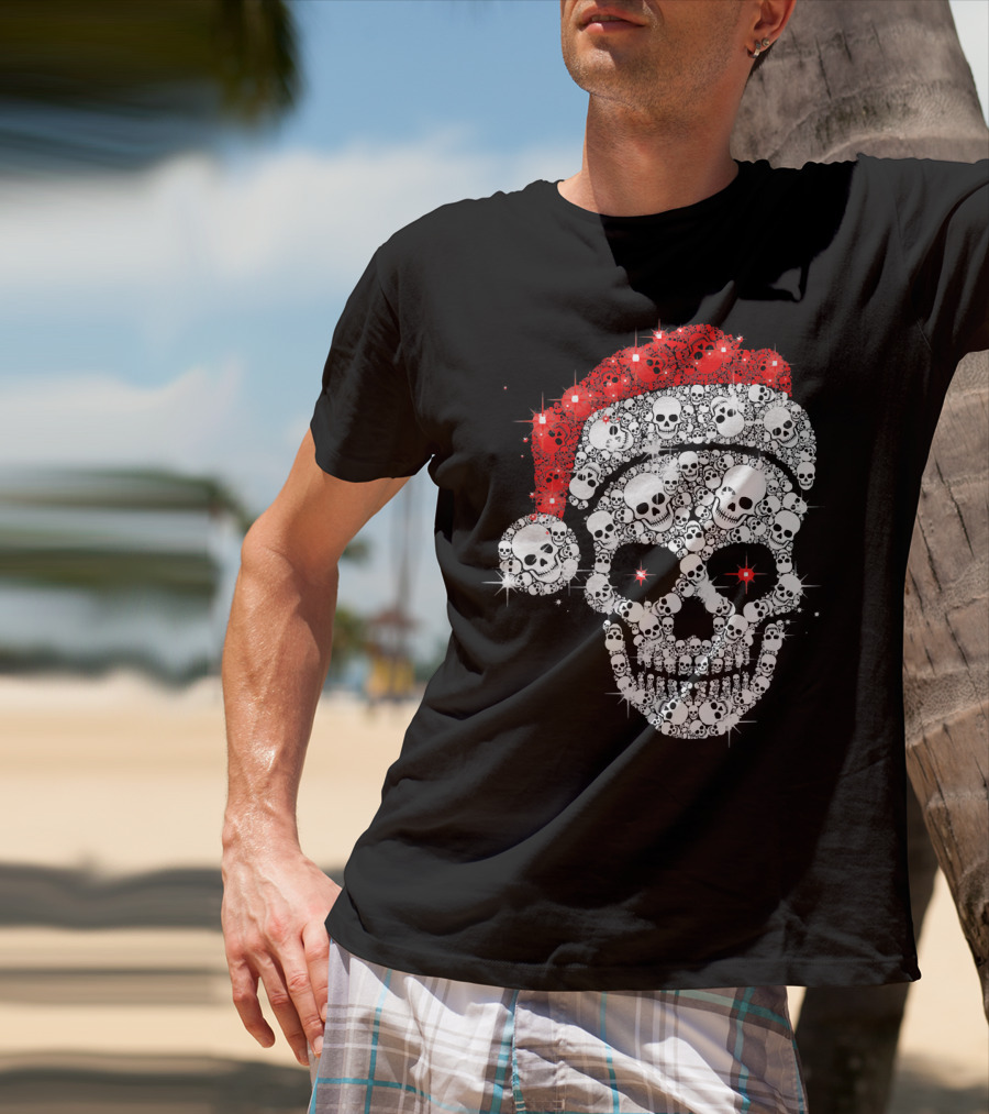 Shiny Skull Rhinestone Santa Hat Christmas Skulls T-Shirt