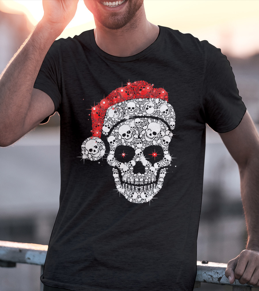 Shiny Skull Rhinestone Santa Hat Christmas Skulls T-Shirt