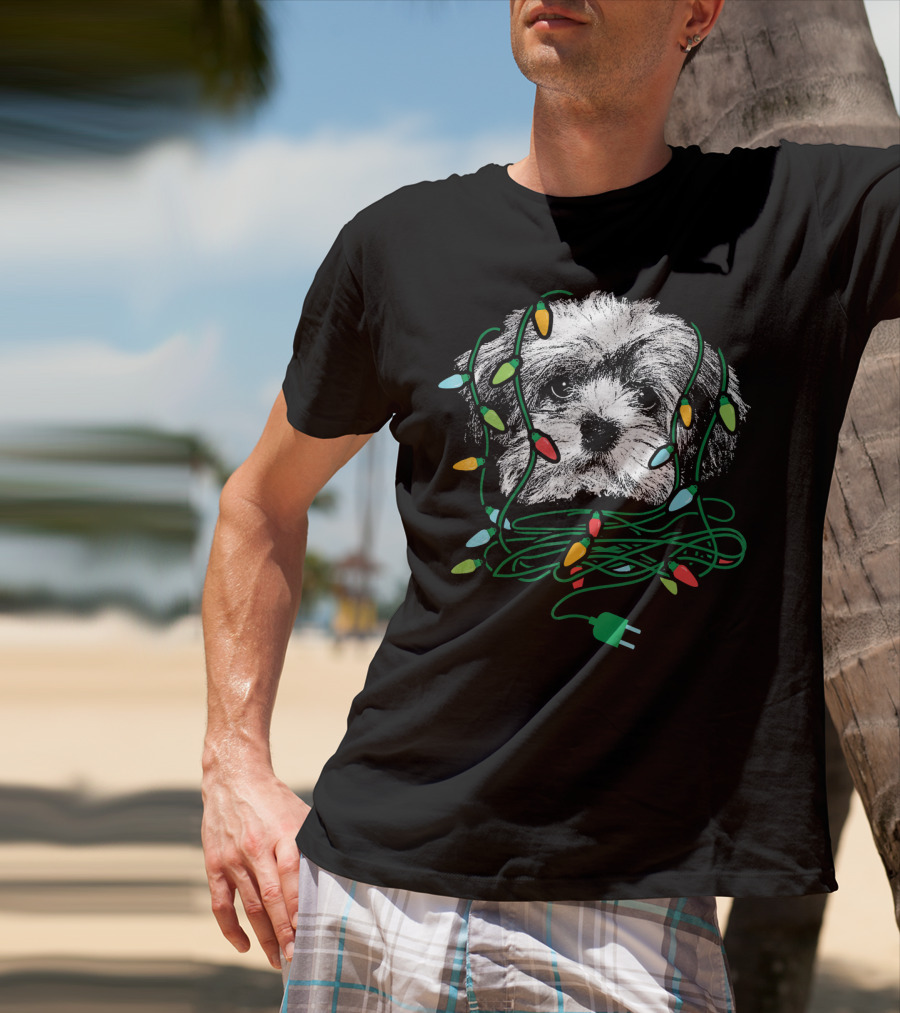 Havanese Puppy Tangled In Colorful Christmas Lights T-Shirt