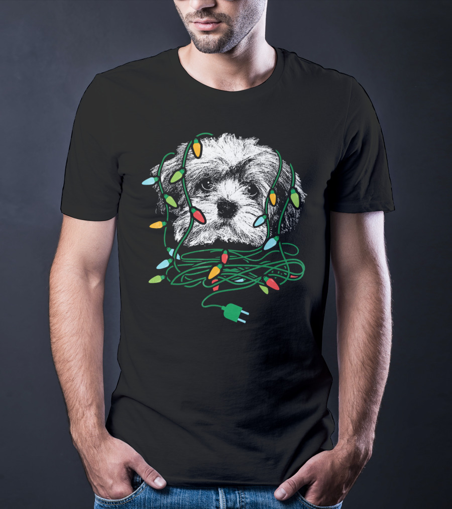 Havanese Puppy Tangled In Colorful Christmas Lights T-Shirt