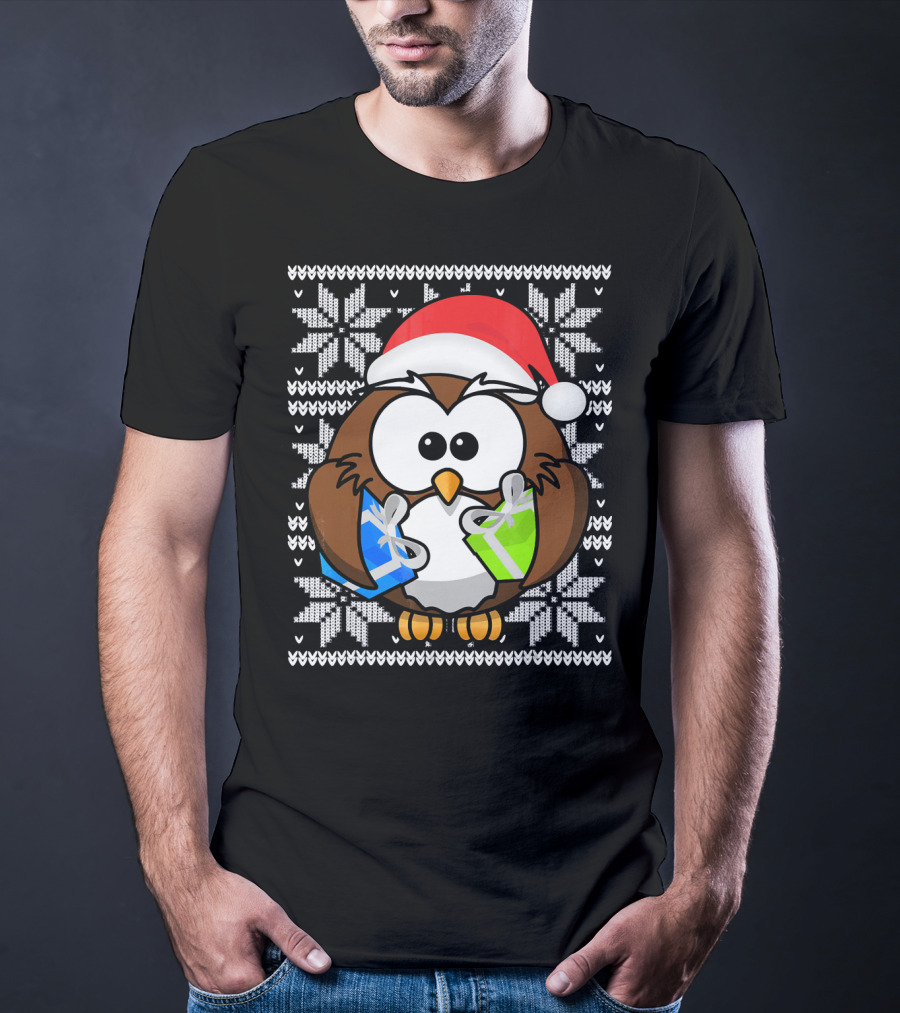 UGLY CHRISTMAS Holiday Owl With Santa Hat And Gifts T-Shirt
