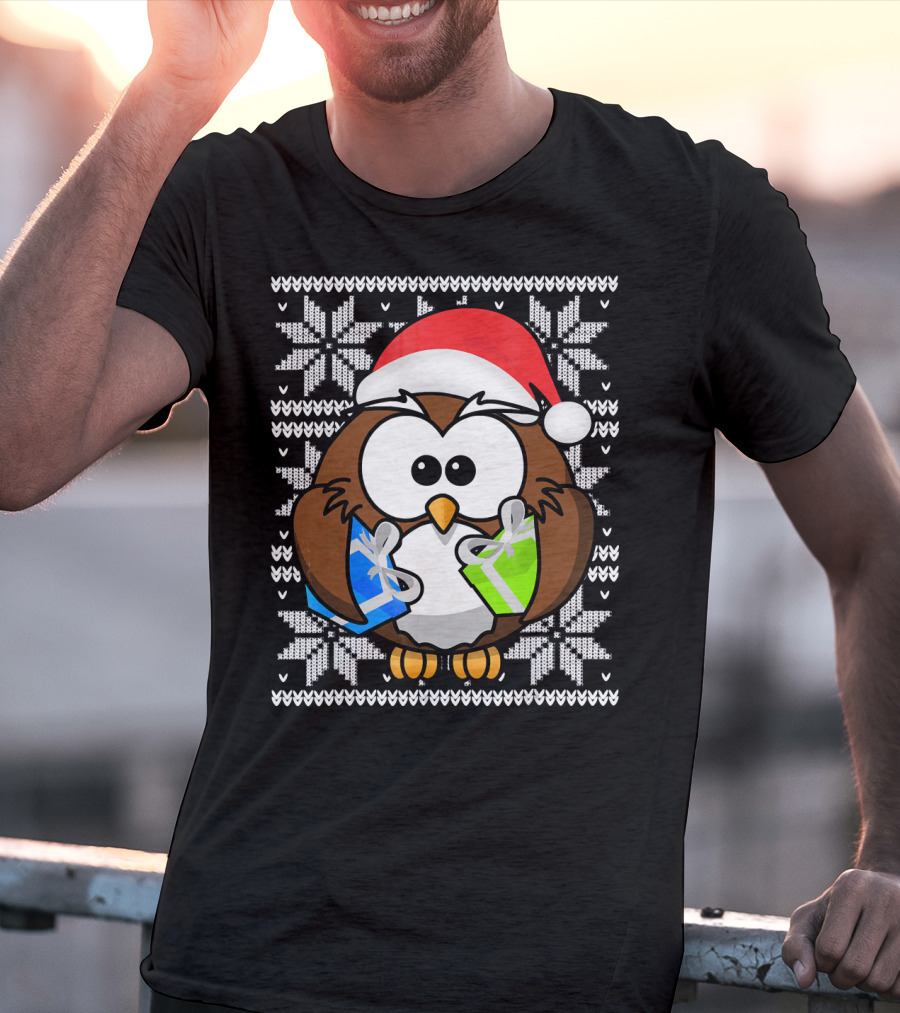 UGLY CHRISTMAS Holiday Owl With Santa Hat And Gifts T-Shirt