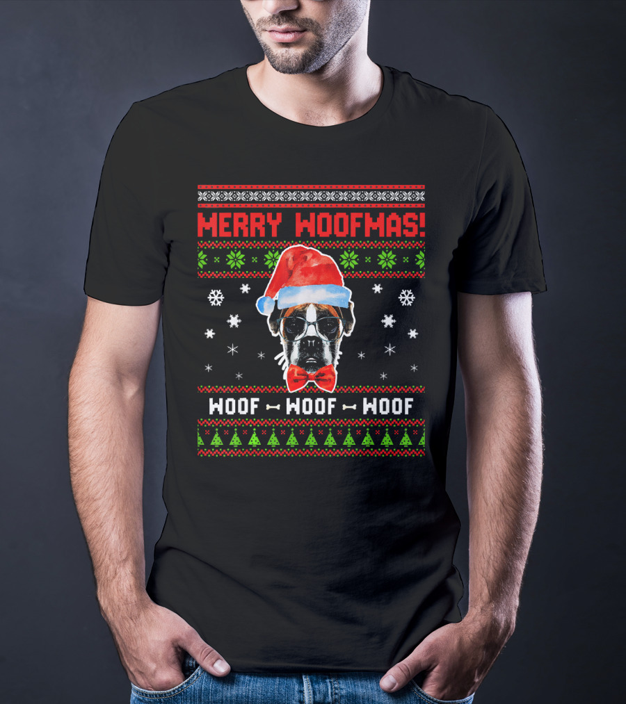 Merry Woofmas Boxer Dog Santa Hat Woof Woof Woof T-Shirt
