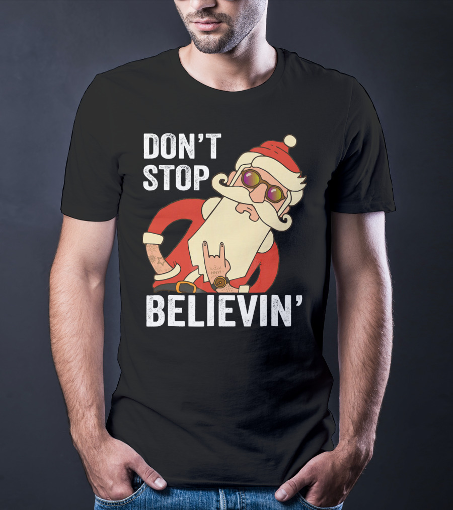 Don't Stop Believin' Santa Rock Hand Gesture T-Shirt