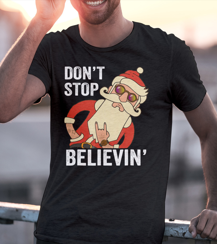 Don't Stop Believin' Santa Rock Hand Gesture T-Shirt
