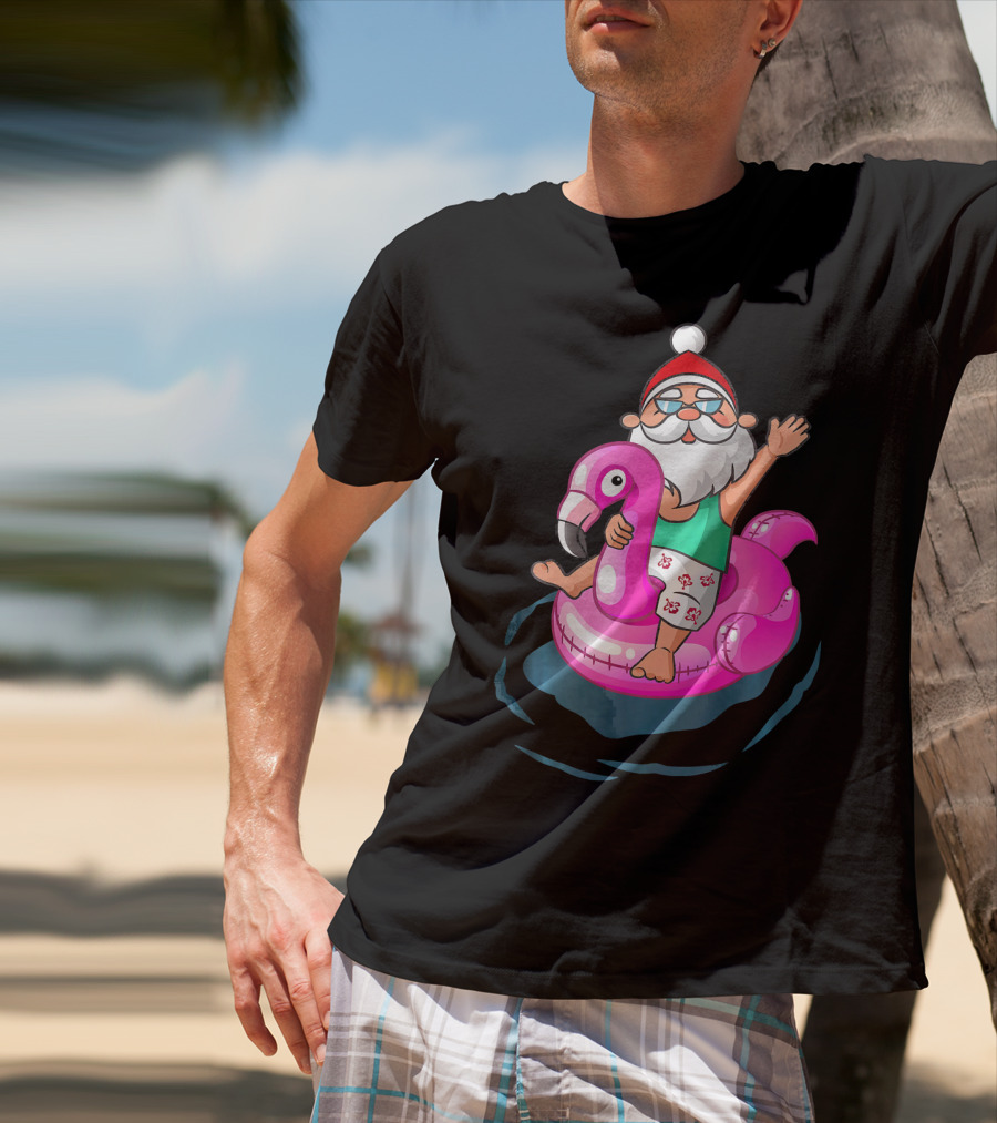 Christmas In July Santa Riding Flamingo Float In Hawaiian Shorts T-Shirt