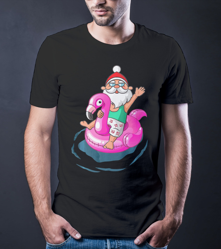 Christmas In July Santa Riding Flamingo Float In Hawaiian Shorts T-Shirt