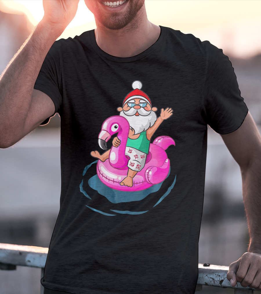Christmas In July Santa Riding Flamingo Float In Hawaiian Shorts T-Shirt