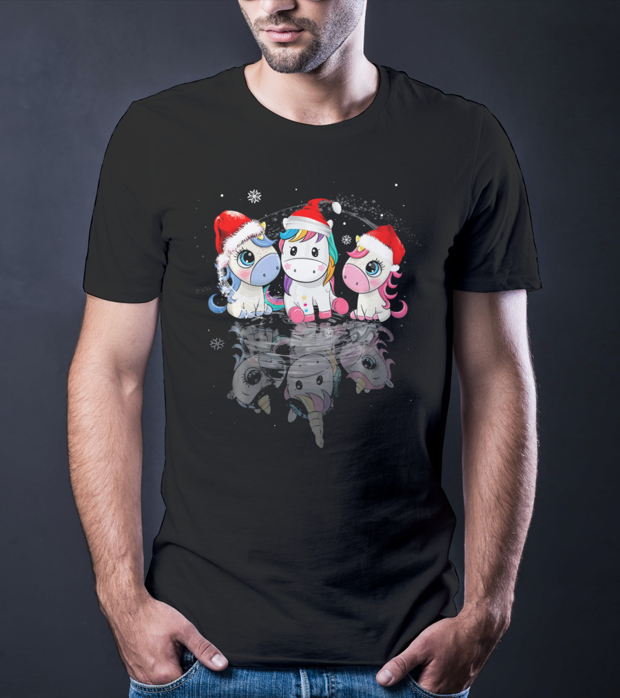 Christmas Santa Hat Funny Three Cute Unicorn Snowflakes T-Shirt