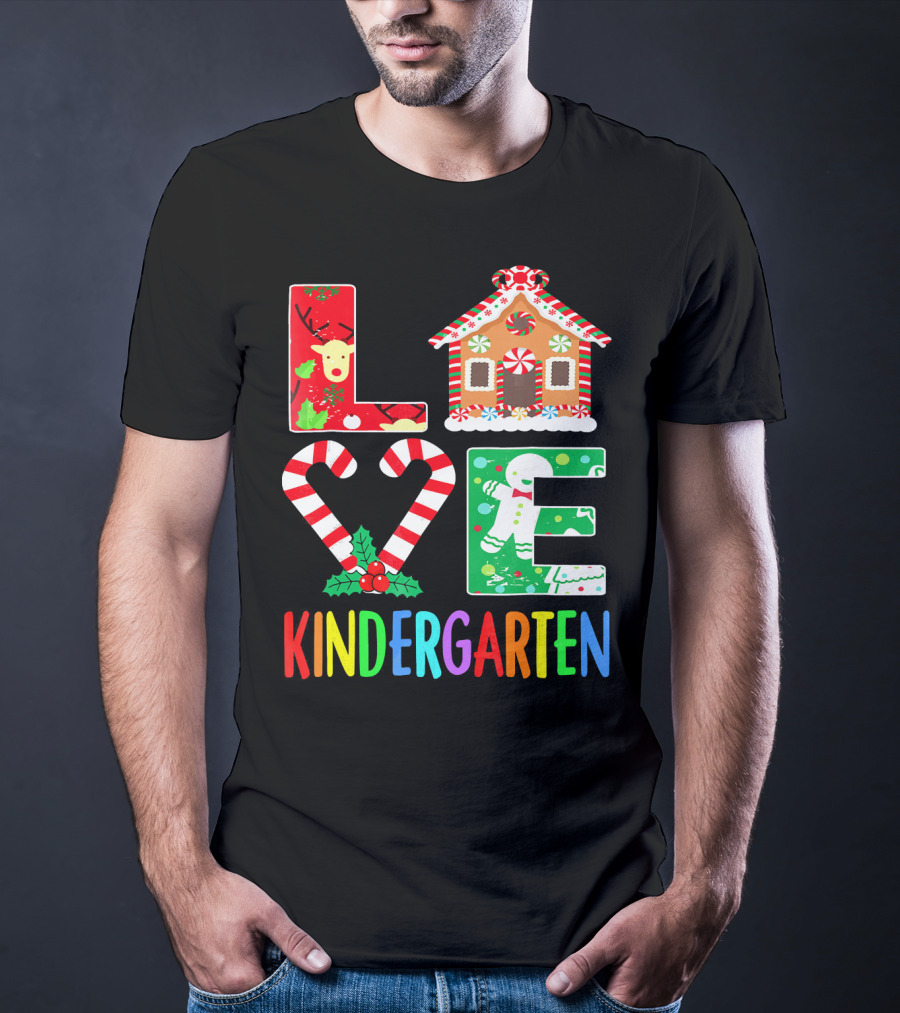 LOVE Kindergarten Christmas Reindeer Gingerbread Candy Cane T-Shirt