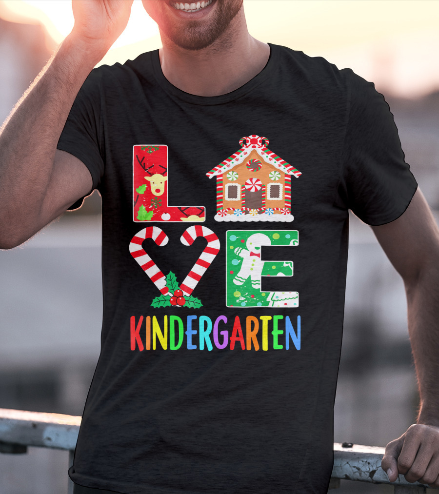 LOVE Kindergarten Christmas Reindeer Gingerbread Candy Cane T-Shirt